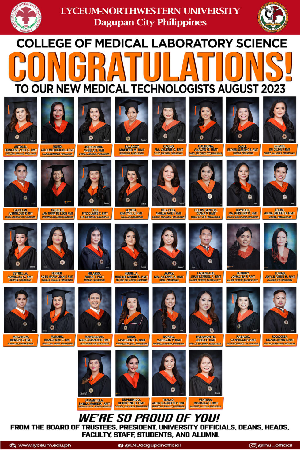 Congratulations To Our New Medical Technologists For Passing The 2023