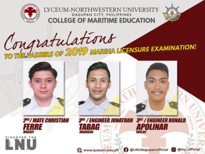 Congratulations to College of Maritime Education (Marina Licensure October 2019 Board Examination)