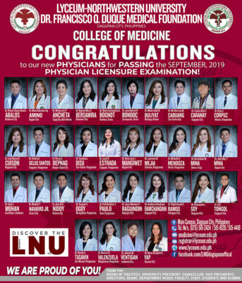 Congratulations to our Physicians (September 2019 Board Examination)