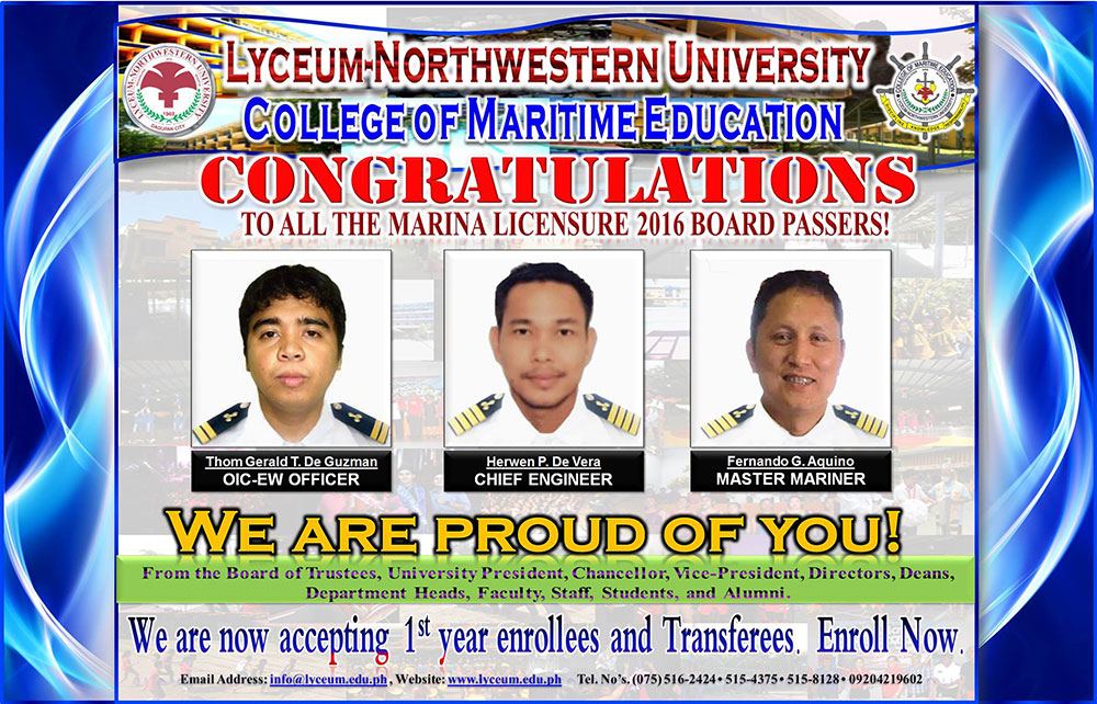 Congratulations to College of Maritime Education ( Marina Licensure 2016 Board Examination)