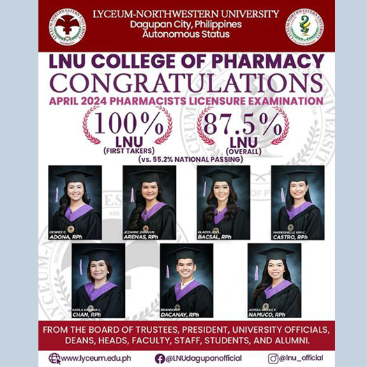 Congratulations to all the passers of the April 2024 Pharmacists Licensure Examination and to the LNU College of Pharmacy on a 100% passing rate for LNU first-takers!