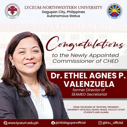 Congratulations to the Newly Appointed Commissioner of CHED, Dr. Ethel Agnes Pascua Valenzuela, former Director of SEAMEO Secretariat!