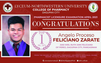 Angelo Proceso Feliciano Zarate for ranking Top 1 in the Pharmacist Board Examination April 2021!