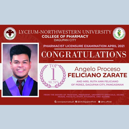Angelo Proceso Feliciano Zarate for ranking Top 1 in the Pharmacist Board Examination April 2021!