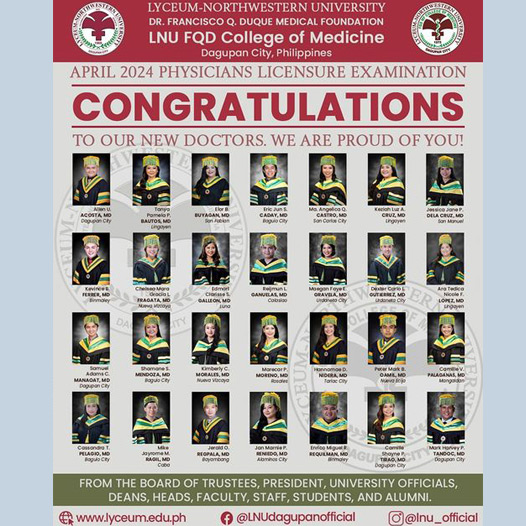 Congratulations to our April 2024 Physicians Licensure Examination passers, and to our LNU FQD College of Medicine!