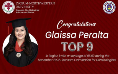 Glaissa Peralta, December Licensure Examination for Criminologists! With an impressive average of 86.80, she has secured a spot in the Regional Top 9 in Region 1.