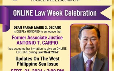 Join our ONLINE CELEBRATION of #LawWeek2024! Don’t miss this special Online Lecture with Former Associate Justice Antonio T. Carpio on September 21 (Saturday) 7:00pm