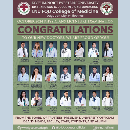 Congratulations to our October 2024 Physicians Licensure Examination passers, and to our LNU FQD College of Medicine!