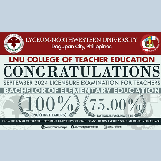 Congratulations to the LNU College of Teacher Education, led by Dean Linda P. Tello, for attaining a flawless 100% pass rate in the Elementary Licensure Examination for Professional Teachers (LEPT) and an outstanding 84.64% pass rate in the Secondary LEPT!