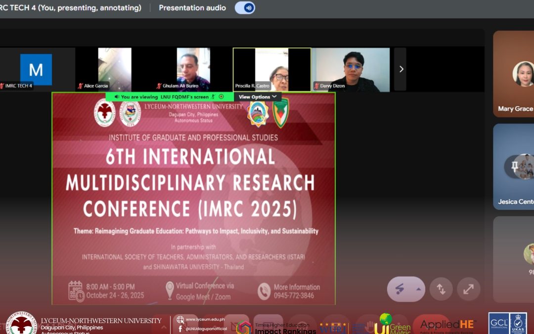 𝐋𝐲𝐜𝐞𝐮𝐦-𝐍𝐨𝐫𝐭𝐡𝐰𝐞𝐬𝐭𝐞𝐫𝐧 𝐔𝐧𝐢𝐯𝐞𝐫𝐬𝐢𝐭𝐲 proudly continues the 𝟮𝟬𝟮𝟱 𝟲𝘁𝗵 𝗜𝗻𝘁𝗲𝗿𝗻𝗮𝘁𝗶𝗼𝗻𝗮𝗹 𝗠𝘂𝗹𝘁𝗶𝗱𝗶𝘀𝗰𝗶𝗽𝗹𝗶𝗻𝗮𝗿𝘆 𝗥𝗲𝘀𝗲𝗮𝗿𝗰𝗵 𝗖𝗼𝗻𝗳𝗲𝗿𝗲𝗻𝗰𝗲 (𝗜𝗠𝗥𝗖) with the successful completion of Day 2, held virtually via Zoom and Google Meet.