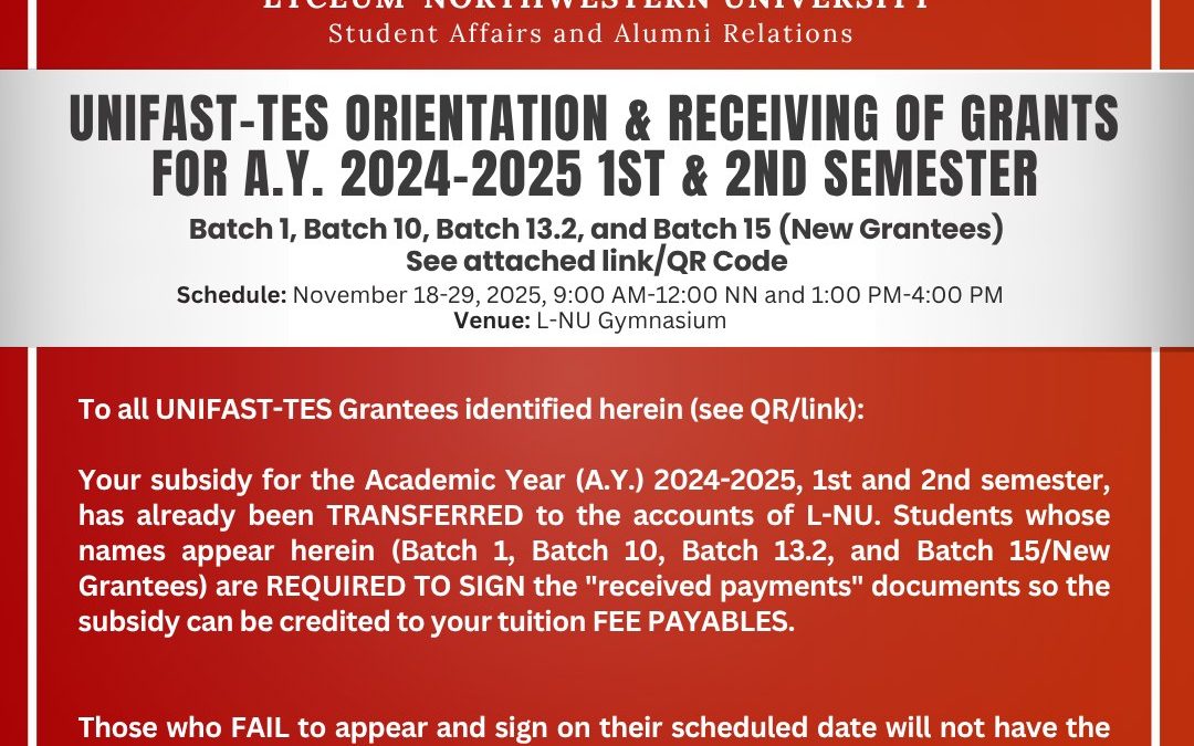 𝐔𝐍𝐈𝐅𝐀𝐒𝐓-𝐓𝐄𝐒 𝐆𝐑𝐀𝐍𝐓𝐄𝐄𝐒: 𝐎𝐑𝐈𝐄𝐍𝐓𝐀𝐓𝐈𝐎𝐍 & 𝐑𝐄𝐂𝐄𝐈𝐕𝐈𝐍𝐆 𝐎𝐅 𝐆𝐑𝐀𝐍𝐓𝐒 𝐅𝐎𝐑 𝐀.𝐘. 2024-2025 (1𝐒𝐓 & 2𝐍𝐃 𝐒𝐄𝐌𝐄𝐒𝐓𝐄𝐑)
