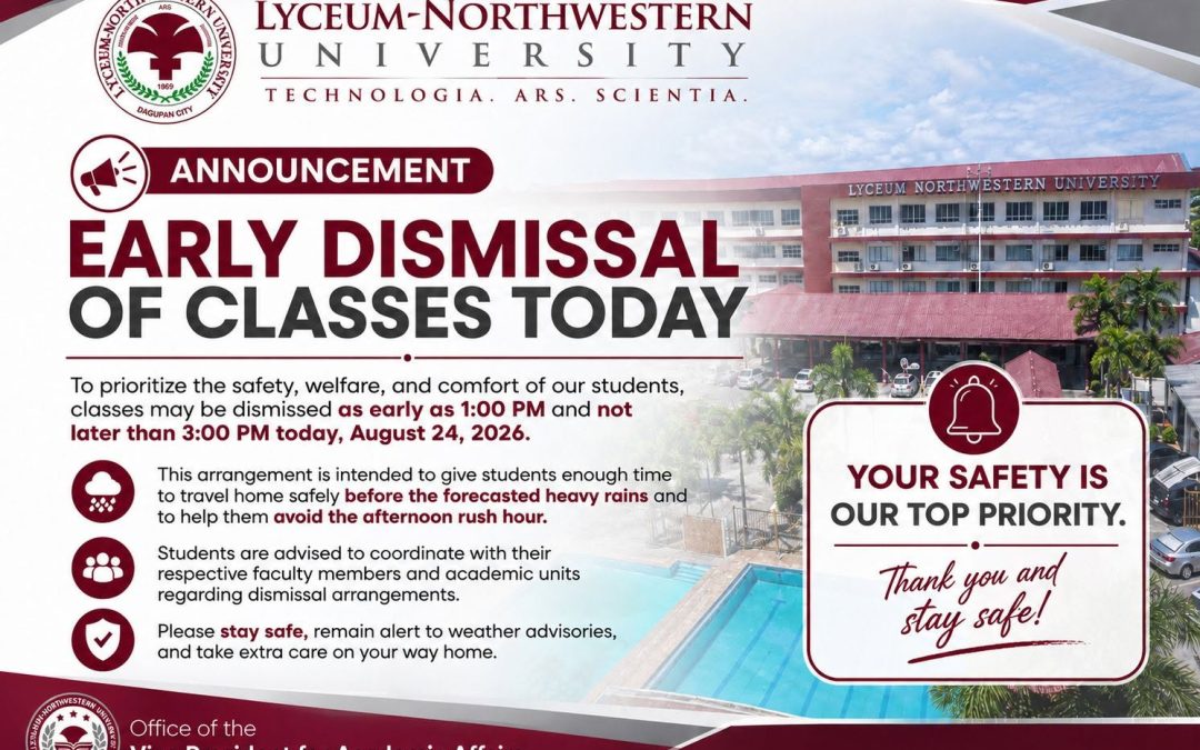 EARLY DISMISSAL OF CLASSES TODAY